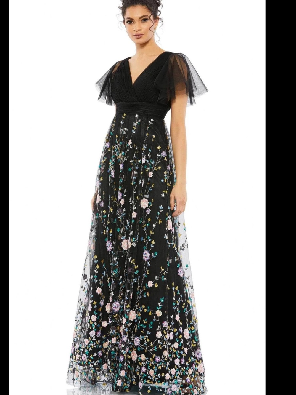 NWT Mac Duggal Black Floral Embroidered Embellished Butterfly Sleeve  Dress 6